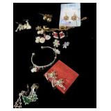 Estate Christmas Jewelry-12 Pr Earrings, Bracelet