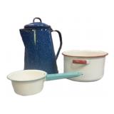 Blue Granite Kettle, Red Trim & Teal Trim White