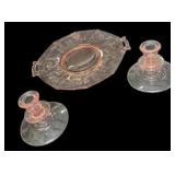 Pink Depression Cake Plate & Candle Holders