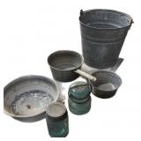 Old Milk/Water Bucket, Aluminum Pans & Blue Jars