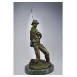 16" HANDMADE BRONZE FISHERMAN ON MARBLE BASE