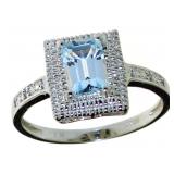 Emerald Cut Natural Blue Topaz & Diamond Ring