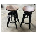 Two Adjustable  Iron and  Wooden Barstools