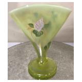 PAIR Fenton Vaseline 8-5" Hand Painted Fan Vase