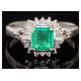 Platinum 1.10 ct Natural Emerald & Diamond Ring