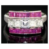 Platinum 2.37 ct Natural Diamond & Ruby Deco Ring