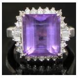 Platinum 9.91 ct Natural Amethyst & Diamond Ring