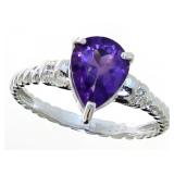 Pear Cut Natural Amethyst & Diamond Ring