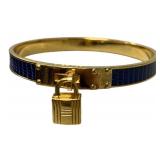 Hermes Blue & Gold Tone H Bangle Bracelet