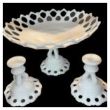 Westmoreland Open Lace Compote & Candle Holders