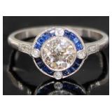 Platinum 1.10 Natural Diamond & Sapphire Deco Ring