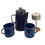 Blue Granite Coffee Pot & 2 Cups