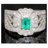 Platinum Natural Emerald & Diamond Ring