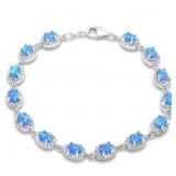 Halo Style Blue Opal & White Topaz Tennis Bracelet