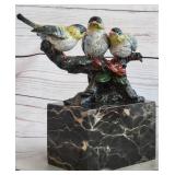 THREE GOLDFINCHES ON BRANCH ON MARBLE BASE BY MILO