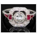 18kt Gold 1.45 Natural Diamond & Ruby Deco Ring