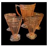 Jeanette Adam Pink Depression Pitcher & 4 Glasses