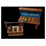 Vintage Tool Bench & Holgate Juice Bottle Carrier