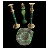 Green Depression, Brass & Green C Hld & Oil Lamp