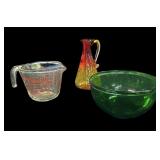 Pyrex Measure Cup, Crackle Glass, & Green Bowl