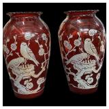 Pair 9 ï¿½ Ruby Bird Design Vases