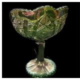 Green Carnival Glass Daisy & Button Compote