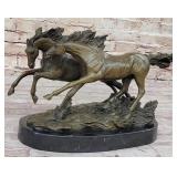 2 Horses Running Bronze Statue On Marble Base