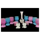 (8) Satin Glasses, (4) Candle Holders & Vase