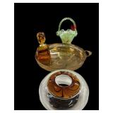 Brass Tray, Amber Bottle, Handblown Bowl, Green