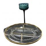 Gold Trim Fruit/Vegetable Server & Blue Vase