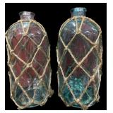Pair Aqua Glass Netted Rope Vases
