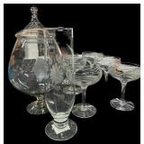 8 Pc Etched Crystal Candy Dish, Vase & Stemware