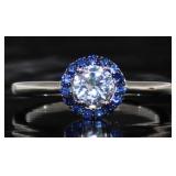 Brilliant White & Blue Sapphire Halo Ring