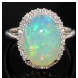 Platinum 4.27 ct Natural Opal & Diamond Ring