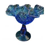 Fento Ruffled Thumbprint Blue Pedestal Bowl