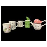 (4) RAE DUNN PLANT MUGS & WATER PITCHER