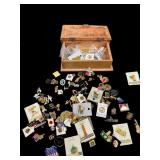 1945 Wood Philippine Box Full of Pins, Tie Tacs