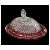 Ruby Rim Diamond Point Oval Butter Dish