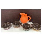 Orange Pitcher & 4 Soup Bowls ALL GOOD