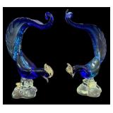 Pair Cobalt Blue Blown Glass Roosters