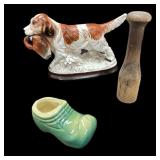 Vintage Dutch Shoe, Ceramic Dog & Wood Pedestal