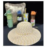 (4) Water Bottles, Gold Pillow & Straw Hat