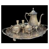 Silver Tray, Teaot, Candle Holders, Cream & Sugar