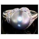 Platinum Gray Pearl & Natural Diamond Ring
