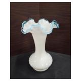 Fenton Aqua Crest Milk Glass Vase Crimped Blue