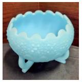 Fenton Blue Satin Glass Three Footed Rose Bowl