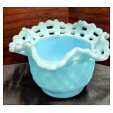 Fenton Basketweave Blue Satin Glass Open Lace