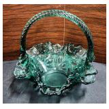 FENTON Green Glass Basket with Leaves