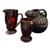 Royal Ruby Ball Pitcher & Art Deco Pitcher & 6