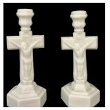 1920s Milk Glass Crucifix Candlesticks